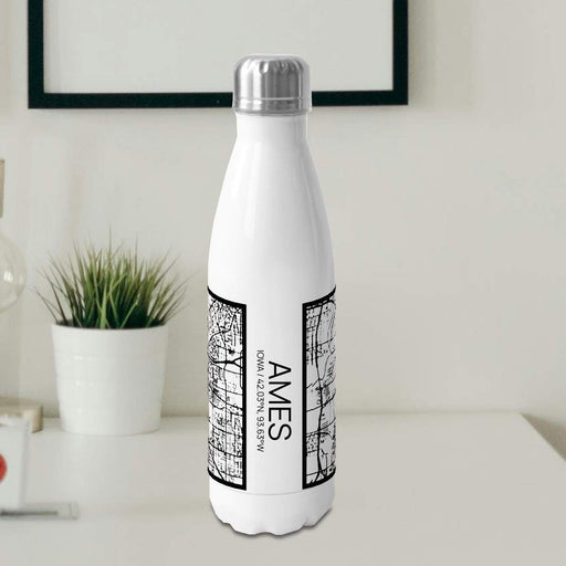 Ames Iowa Custom City Map Inscription Coordinates on 17oz Stainless Steel Insulated Cola Bottle in Stainless in Matte White