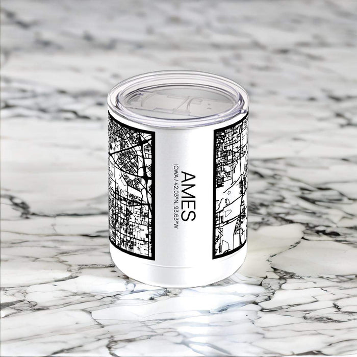 Ames Iowa Custom City Map Inscription Coordinates on 10oz Stainless Steel Insulated Cup in Matte White with Sliding Lid