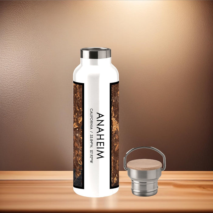 Anaheim California Custom City Map Inscription Coordinates on 20oz Stainless Steel Insulated Bottle with Bamboo Top with printed ember style map