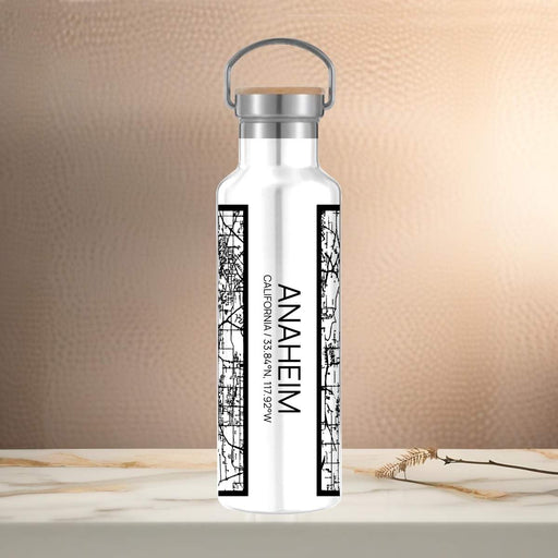 Anaheim California Custom City Map Inscription Coordinates on 20oz Stainless Steel Insulated Bottle with Bamboo Top in Matte White with printed Tactile Lines Map in Black