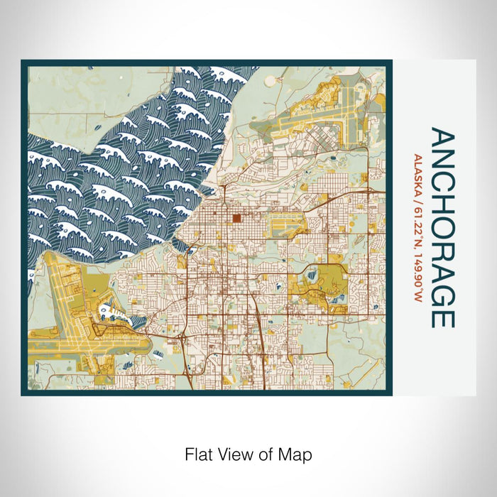 Rendered View of Anchorage Alaska Map on 20oz Stainless Steel Insulated Bottle with Bamboo Top with printed woodblock style map