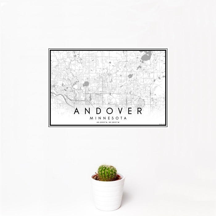 12x18 Andover Minnesota Map Print Landscape Orientation in Classic Style With Small Cactus Plant in White Planter