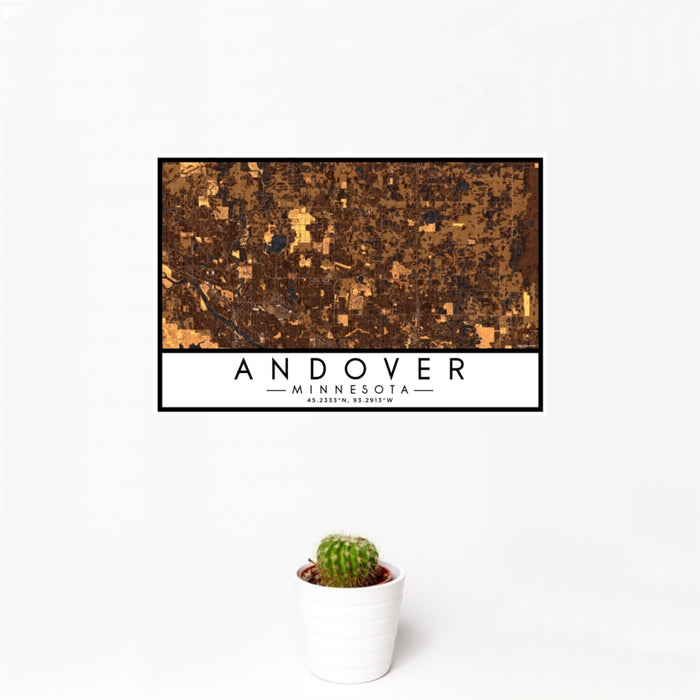 12x18 Andover Minnesota Map Print Landscape Orientation in Ember Style With Small Cactus Plant in White Planter