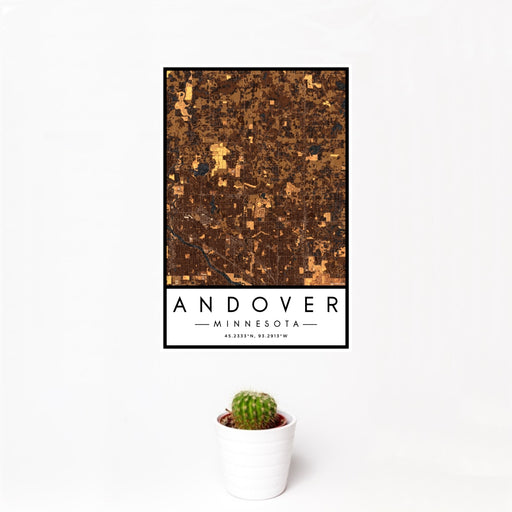 12x18 Andover Minnesota Map Print Portrait Orientation in Ember Style With Small Cactus Plant in White Planter