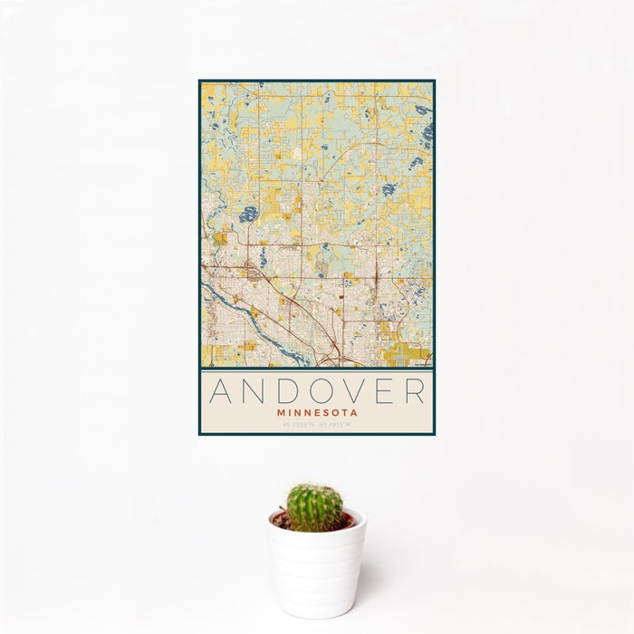 12x18 Andover Minnesota Map Print Portrait Orientation in Woodblock Style With Small Cactus Plant in White Planter