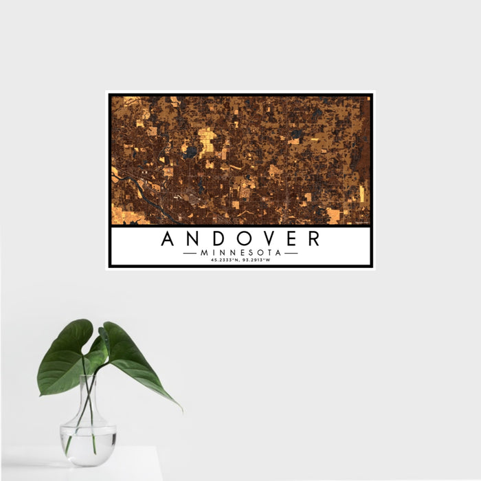 16x24 Andover Minnesota Map Print Landscape Orientation in Ember Style With Tropical Plant Leaves in Water