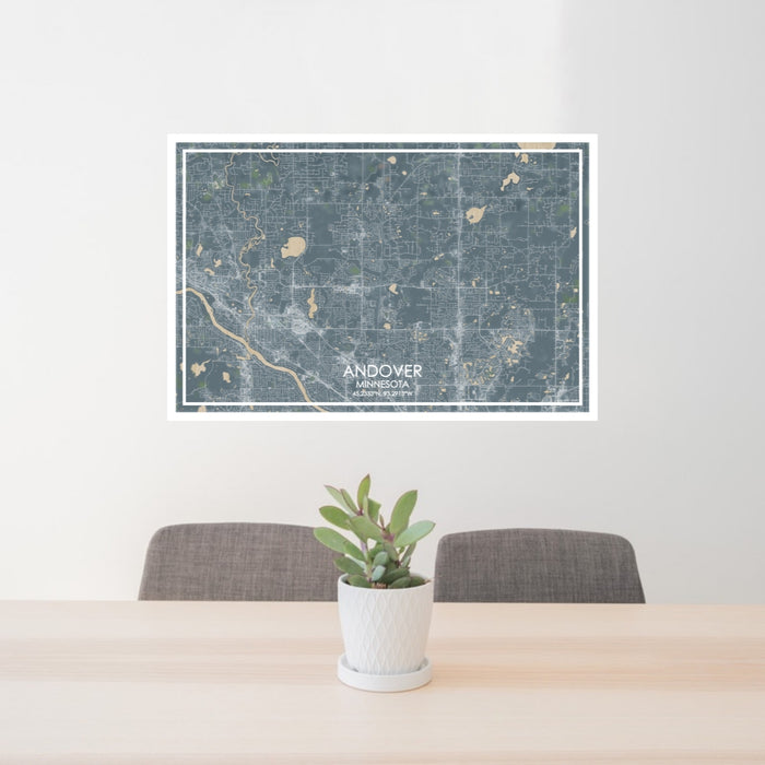 24x36 Andover Minnesota Map Print Lanscape Orientation in Afternoon Style Behind 2 Chairs Table and Potted Plant