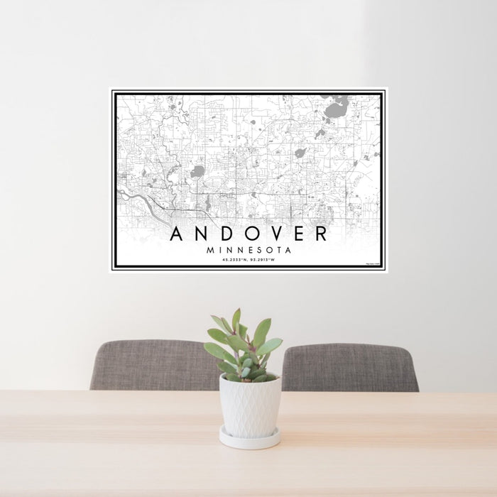 24x36 Andover Minnesota Map Print Lanscape Orientation in Classic Style Behind 2 Chairs Table and Potted Plant