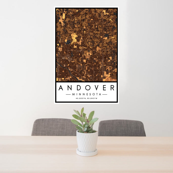 24x36 Andover Minnesota Map Print Portrait Orientation in Ember Style Behind 2 Chairs Table and Potted Plant