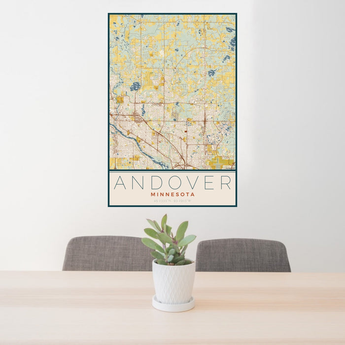 24x36 Andover Minnesota Map Print Portrait Orientation in Woodblock Style Behind 2 Chairs Table and Potted Plant