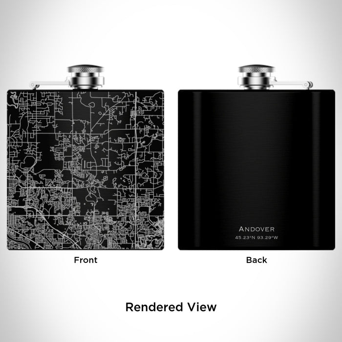 Rendered View of Andover Minnesota Map Engraving on 6oz Stainless Steel Flask in Black