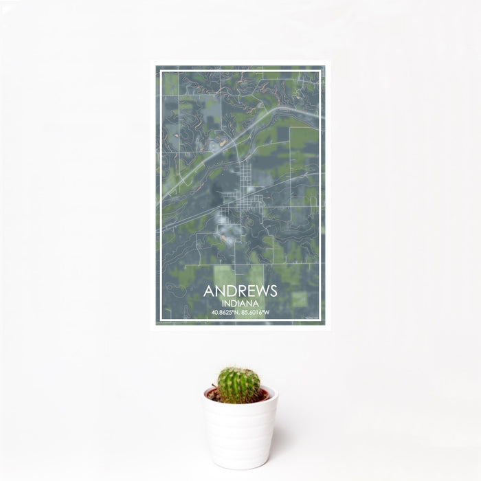 12x18 Andrews Indiana Map Print Portrait Orientation in Afternoon Style With Small Cactus Plant in White Planter