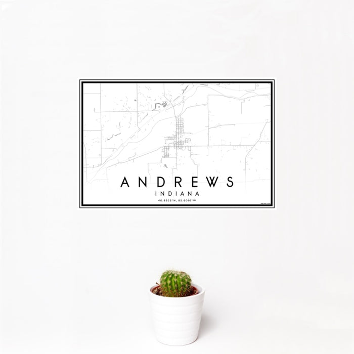 12x18 Andrews Indiana Map Print Landscape Orientation in Classic Style With Small Cactus Plant in White Planter