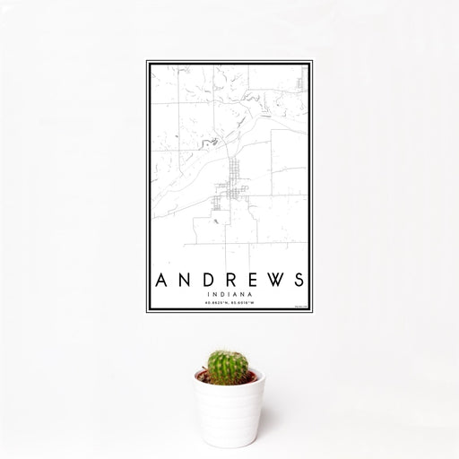 12x18 Andrews Indiana Map Print Portrait Orientation in Classic Style With Small Cactus Plant in White Planter