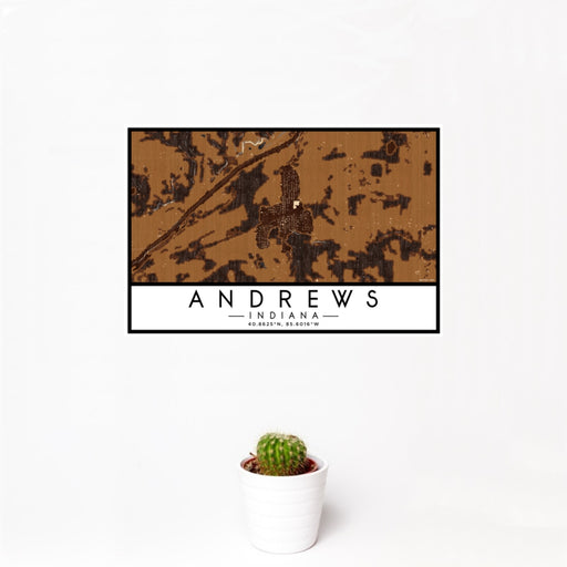 12x18 Andrews Indiana Map Print Landscape Orientation in Ember Style With Small Cactus Plant in White Planter