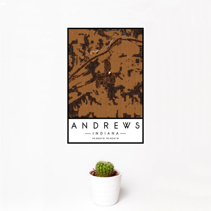 12x18 Andrews Indiana Map Print Portrait Orientation in Ember Style With Small Cactus Plant in White Planter