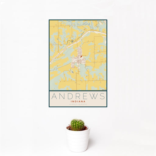12x18 Andrews Indiana Map Print Portrait Orientation in Woodblock Style With Small Cactus Plant in White Planter