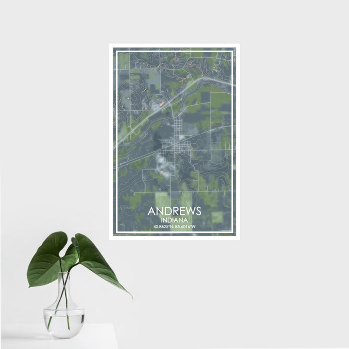 16x24 Andrews Indiana Map Print Portrait Orientation in Afternoon Style With Tropical Plant Leaves in Water