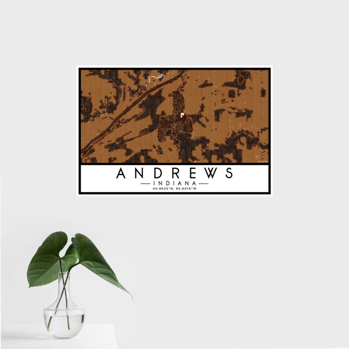 16x24 Andrews Indiana Map Print Landscape Orientation in Ember Style With Tropical Plant Leaves in Water