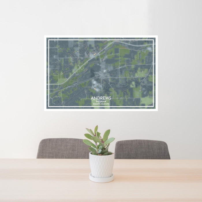 24x36 Andrews Indiana Map Print Lanscape Orientation in Afternoon Style Behind 2 Chairs Table and Potted Plant