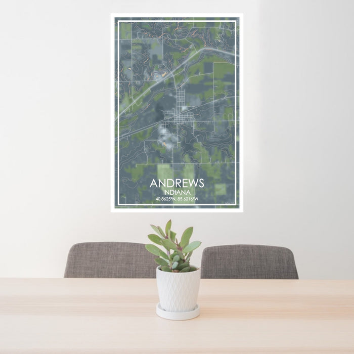 24x36 Andrews Indiana Map Print Portrait Orientation in Afternoon Style Behind 2 Chairs Table and Potted Plant