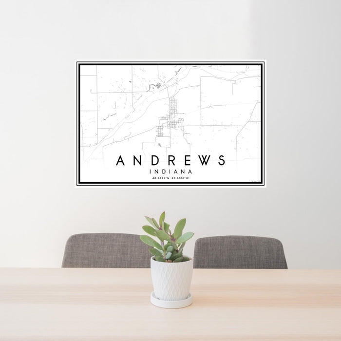 24x36 Andrews Indiana Map Print Lanscape Orientation in Classic Style Behind 2 Chairs Table and Potted Plant