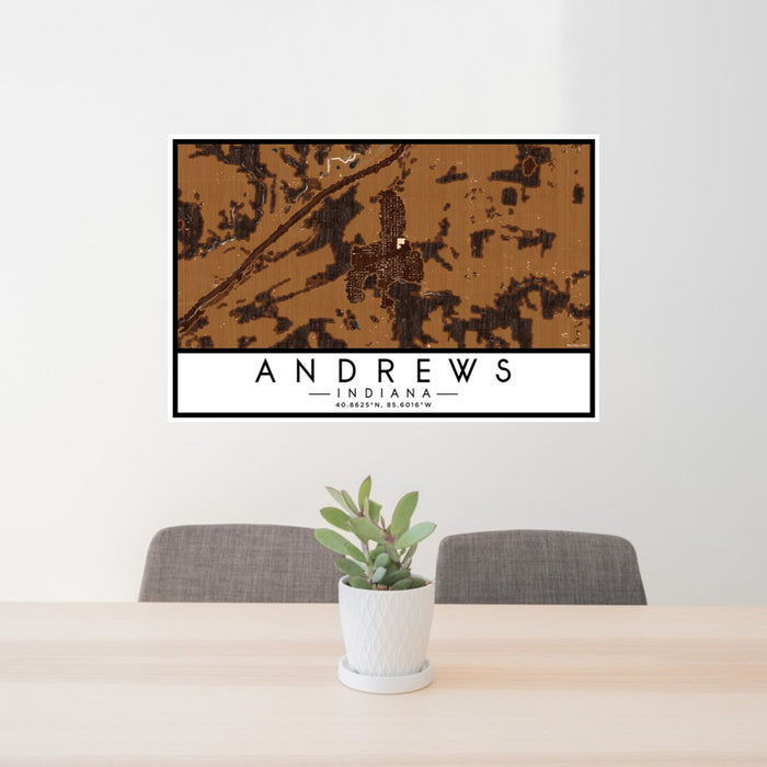 24x36 Andrews Indiana Map Print Lanscape Orientation in Ember Style Behind 2 Chairs Table and Potted Plant