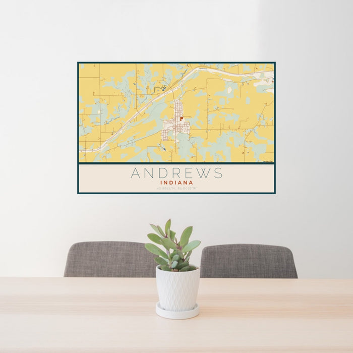 24x36 Andrews Indiana Map Print Lanscape Orientation in Woodblock Style Behind 2 Chairs Table and Potted Plant