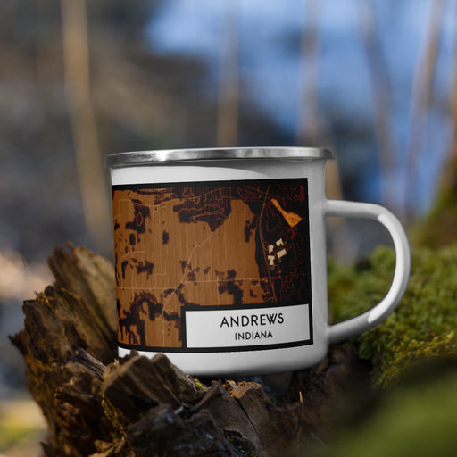 Right View Custom Andrews Indiana Map Enamel Mug in Ember on Grass With Trees in Background
