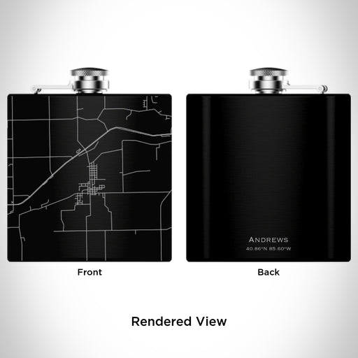 Rendered View of Andrews Indiana Map Engraving on 6oz Stainless Steel Flask in Black