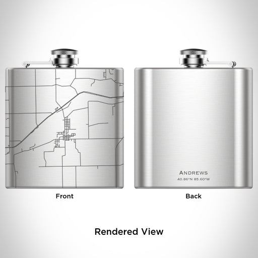 Rendered View of Andrews Indiana Map Engraving on 6oz Stainless Steel Flask