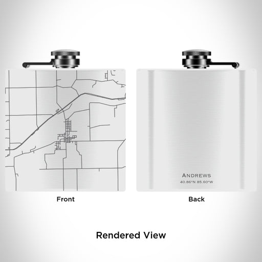 Rendered View of Andrews Indiana Map Engraving on 6oz Stainless Steel Flask in White