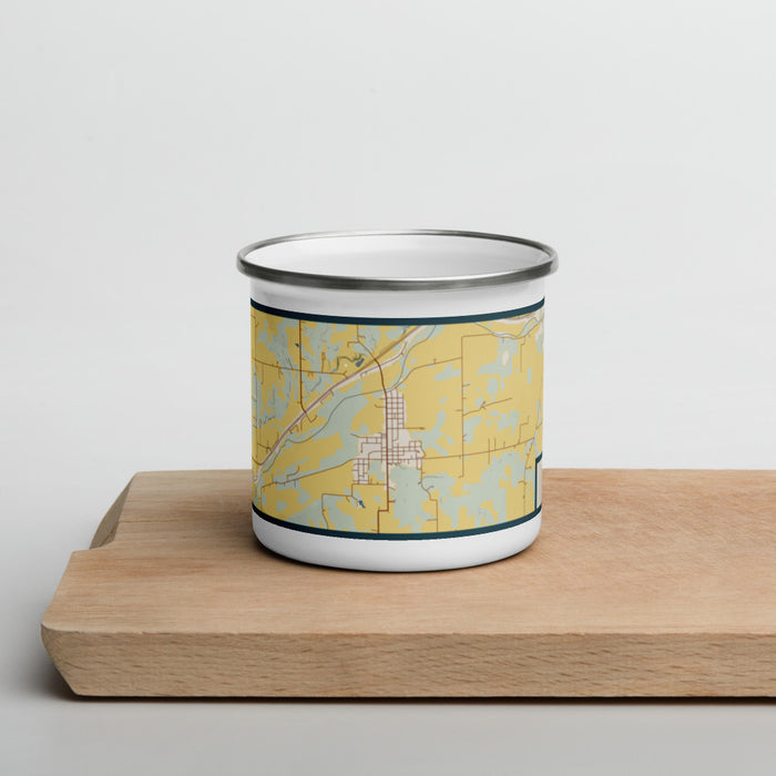 Front View Custom Andrews Indiana Map Enamel Mug in Woodblock on Cutting Board