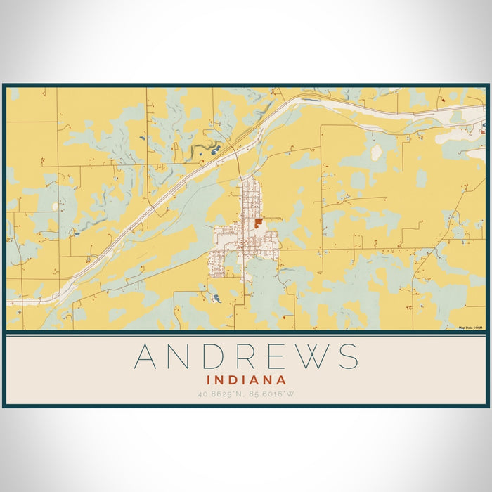 Andrews Indiana Map Print Landscape Orientation in Woodblock Style With Shaded Background