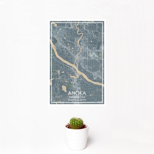 12x18 Anoka Minnesota Map Print Portrait Orientation in Afternoon Style With Small Cactus Plant in White Planter