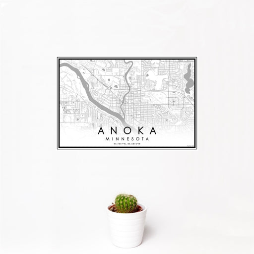 12x18 Anoka Minnesota Map Print Landscape Orientation in Classic Style With Small Cactus Plant in White Planter