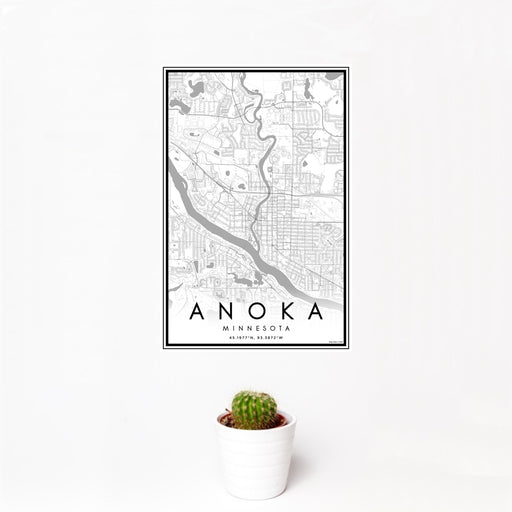 12x18 Anoka Minnesota Map Print Portrait Orientation in Classic Style With Small Cactus Plant in White Planter