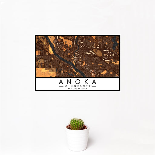 12x18 Anoka Minnesota Map Print Landscape Orientation in Ember Style With Small Cactus Plant in White Planter