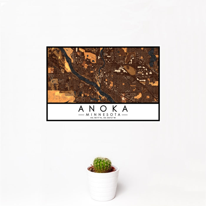 12x18 Anoka Minnesota Map Print Landscape Orientation in Ember Style With Small Cactus Plant in White Planter