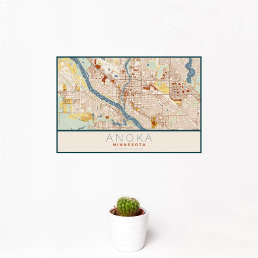12x18 Anoka Minnesota Map Print Landscape Orientation in Woodblock Style With Small Cactus Plant in White Planter