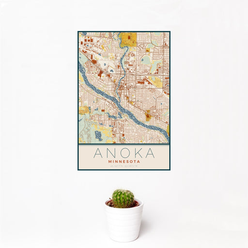 12x18 Anoka Minnesota Map Print Portrait Orientation in Woodblock Style With Small Cactus Plant in White Planter