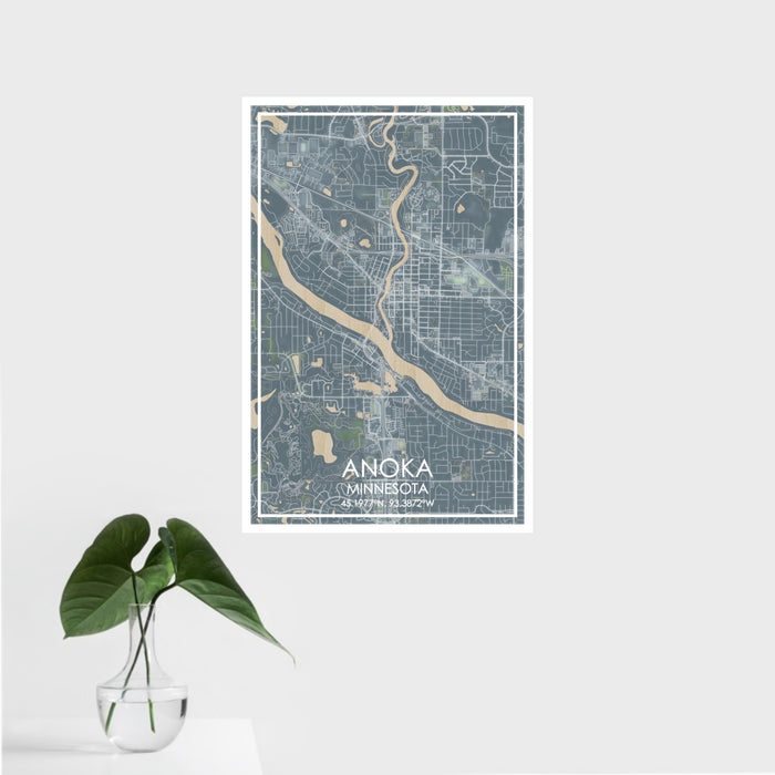 16x24 Anoka Minnesota Map Print Portrait Orientation in Afternoon Style With Tropical Plant Leaves in Water