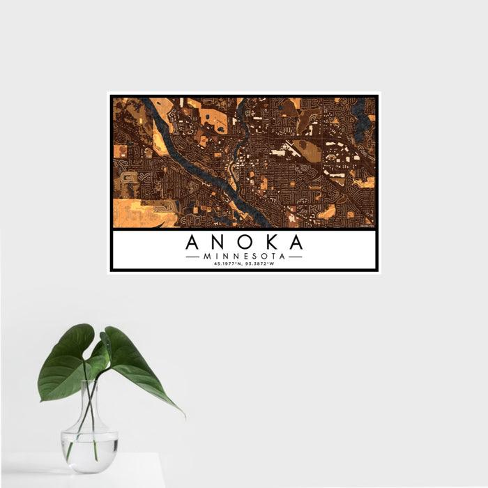 16x24 Anoka Minnesota Map Print Landscape Orientation in Ember Style With Tropical Plant Leaves in Water