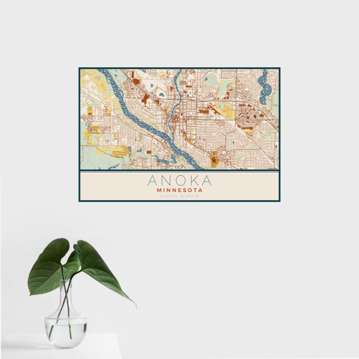 16x24 Anoka Minnesota Map Print Landscape Orientation in Woodblock Style With Tropical Plant Leaves in Water