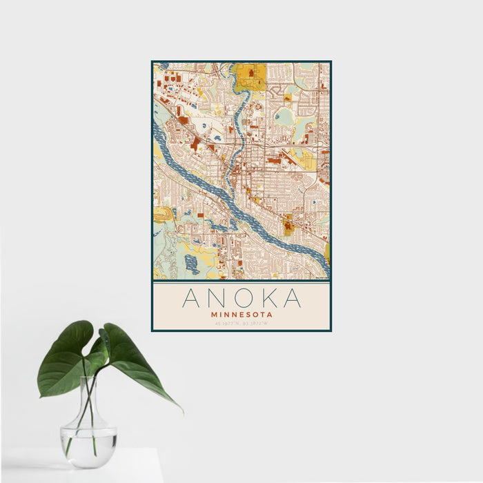 16x24 Anoka Minnesota Map Print Portrait Orientation in Woodblock Style With Tropical Plant Leaves in Water