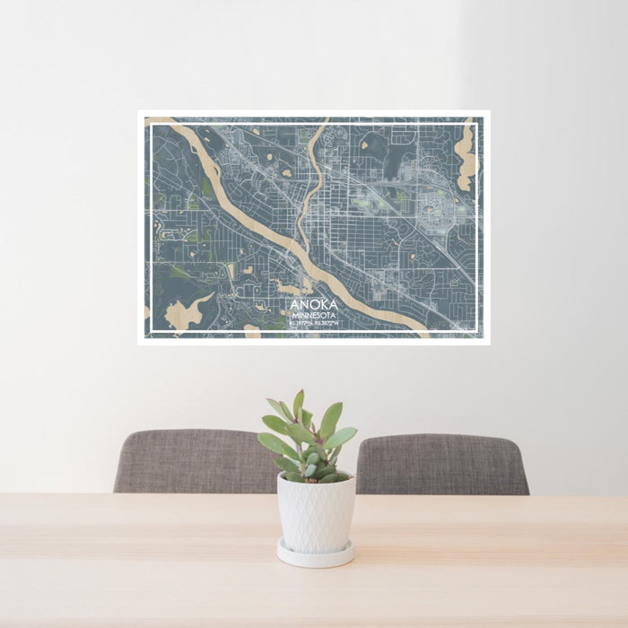24x36 Anoka Minnesota Map Print Lanscape Orientation in Afternoon Style Behind 2 Chairs Table and Potted Plant