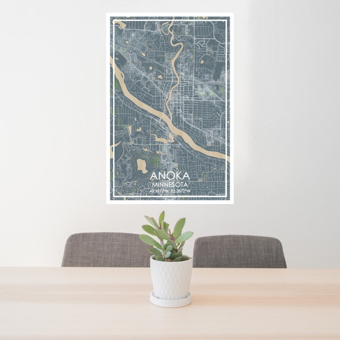 24x36 Anoka Minnesota Map Print Portrait Orientation in Afternoon Style Behind 2 Chairs Table and Potted Plant