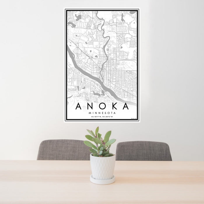 24x36 Anoka Minnesota Map Print Portrait Orientation in Classic Style Behind 2 Chairs Table and Potted Plant