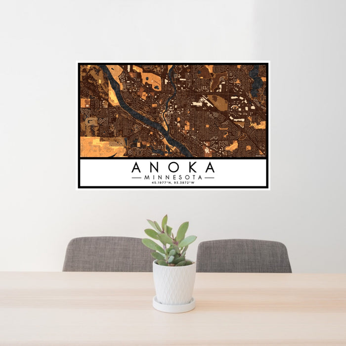 24x36 Anoka Minnesota Map Print Lanscape Orientation in Ember Style Behind 2 Chairs Table and Potted Plant