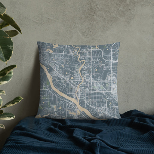 Custom Anoka Minnesota Map Throw Pillow in Afternoon on Bedding Against Wall
